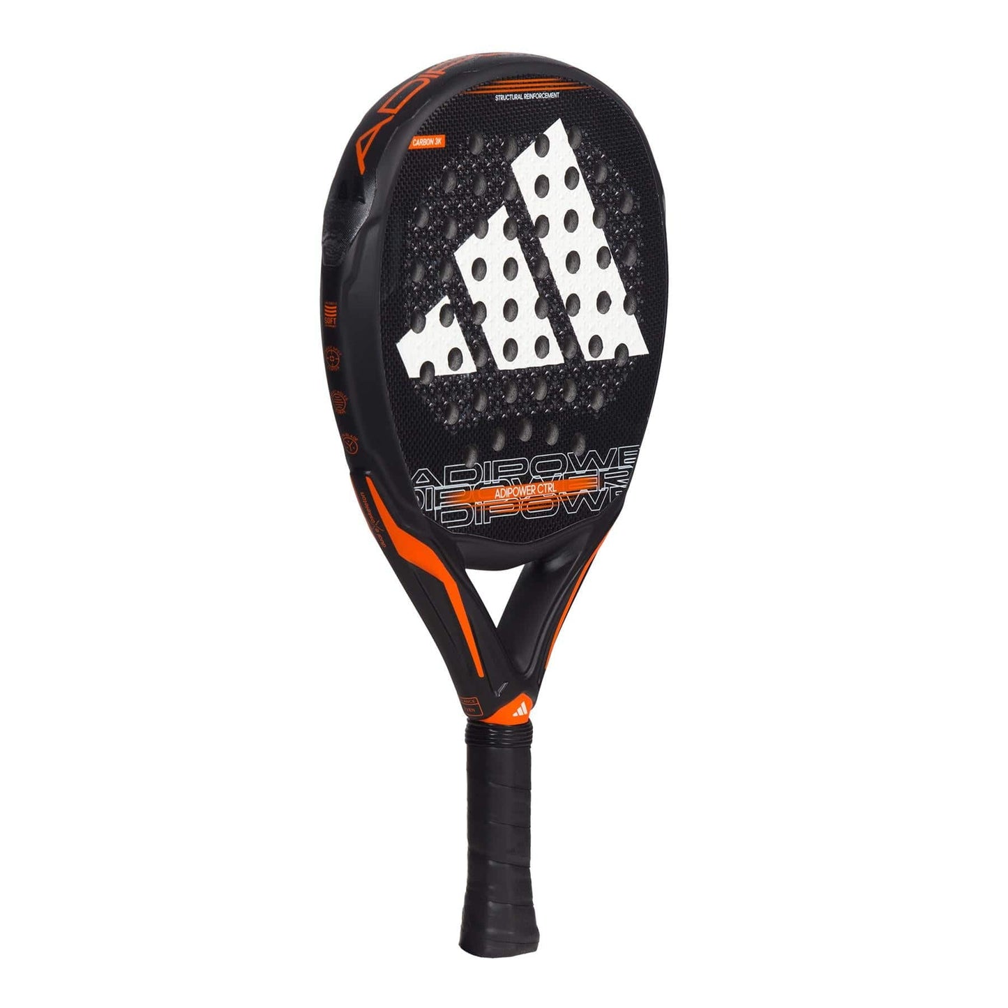 The adidas ADIDAS Adipower CTRL 3.3 Padel Racket is black with orange accents, a large white adidas logo, and "ADIPOWER" below. Its black grip offers excellent control for padel players seeking top performance.