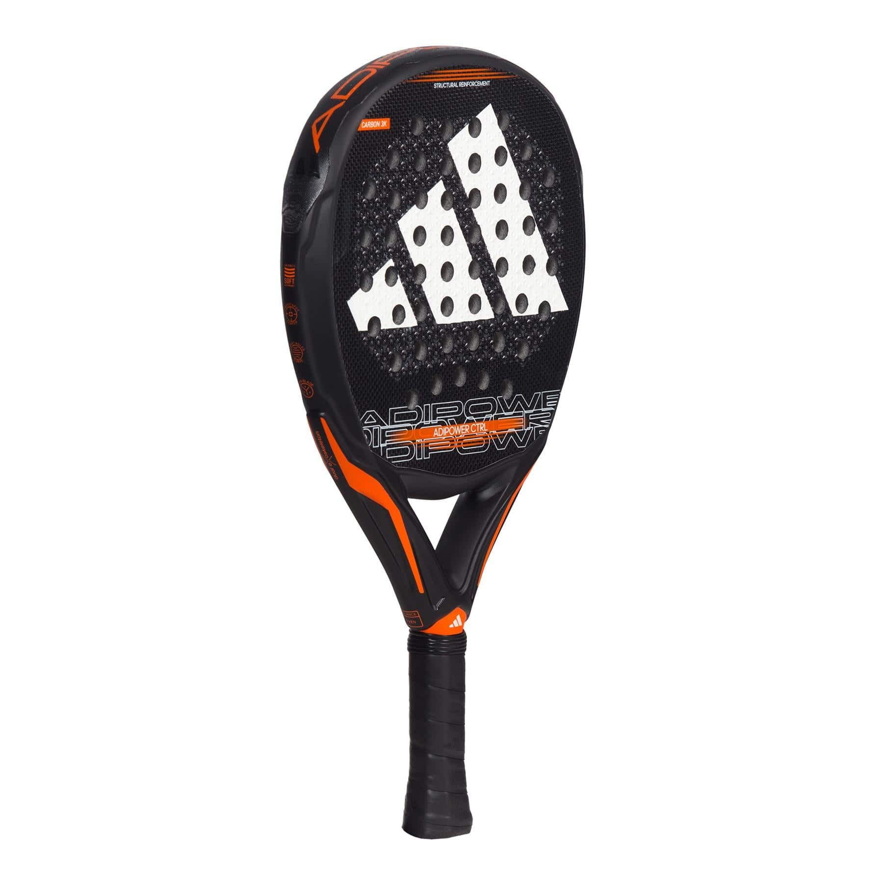 The adidas ADIDAS Adipower CTRL 3.3 Padel Racket is black with orange accents, a large white adidas logo, and "ADIPOWER" below. Its black grip offers excellent control for padel players seeking top performance.