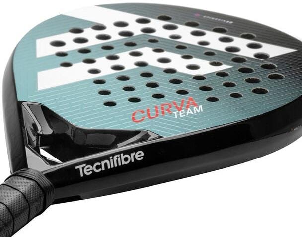 Close-up of the Tecnifibre Curva Team Padel Racket by Tecnifibre, showcasing its teardrop shape, black and teal design with white logo, perforated Spin Skin 3D surface for aerodynamics, and a textured black handle grip.