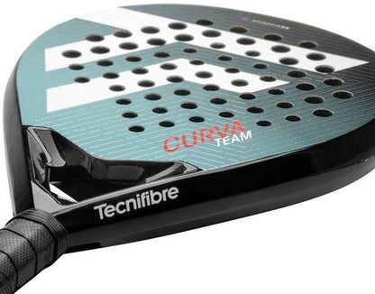 Close-up of the Tecnifibre Curva Team Padel Racket by Tecnifibre, showcasing its teardrop shape, black and teal design with white logo, perforated Spin Skin 3D surface for aerodynamics, and a textured black handle grip.