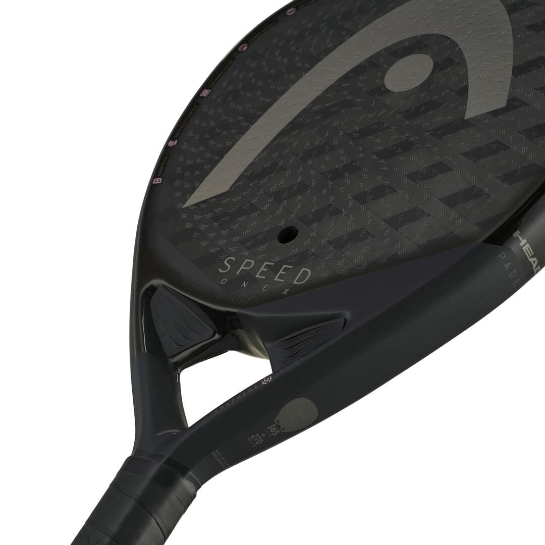 Close-up of the HEAD Speed One X 2025 Padel Racket, with a modern black design, textured geometric surface, Auxetic 2.0 technology, and "SPEED" plus HEAD branding on the face and frame.
