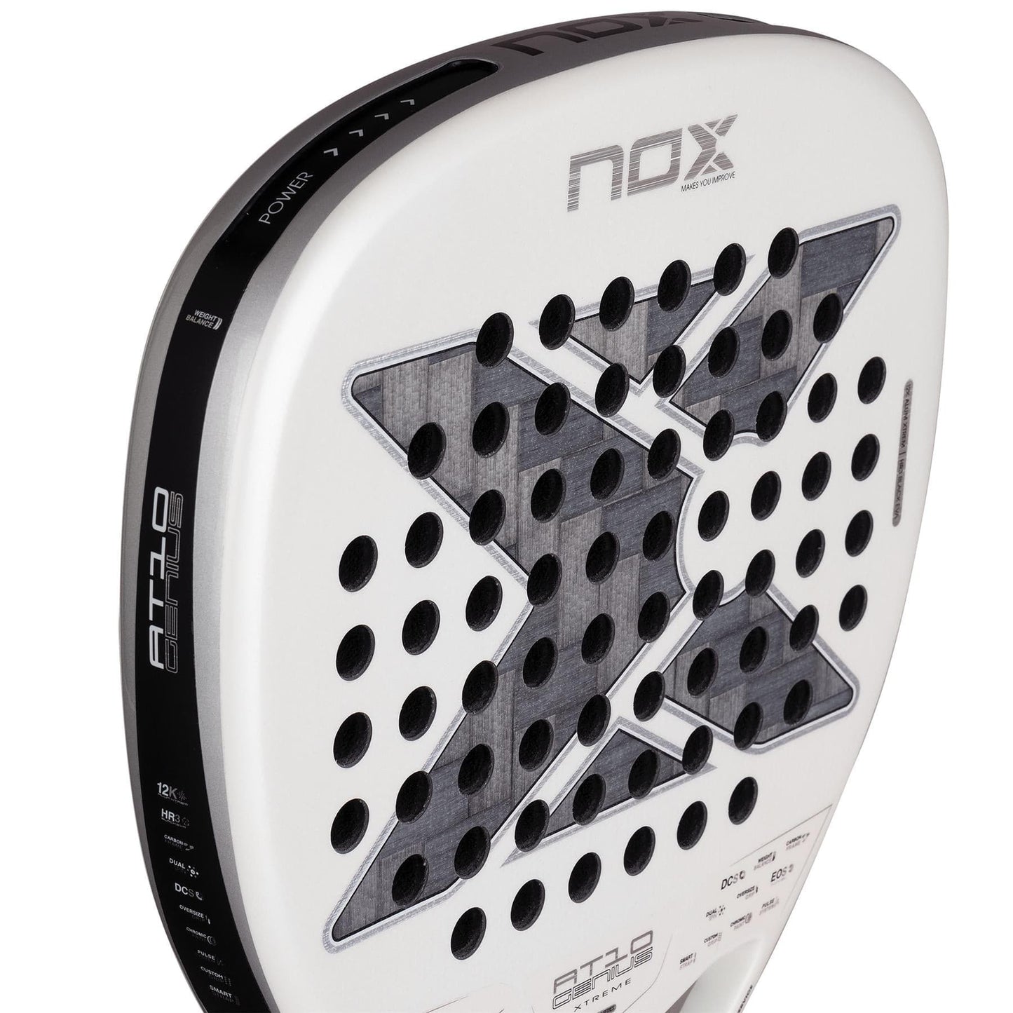 Close-up of the NOX AT10 Genius Attack 12K Alum Extrem By Agustín Tapia 2026 padel racket in white, featuring a black “X” design, circular holes, and detailed specs—engineered by NOX for powerful play.