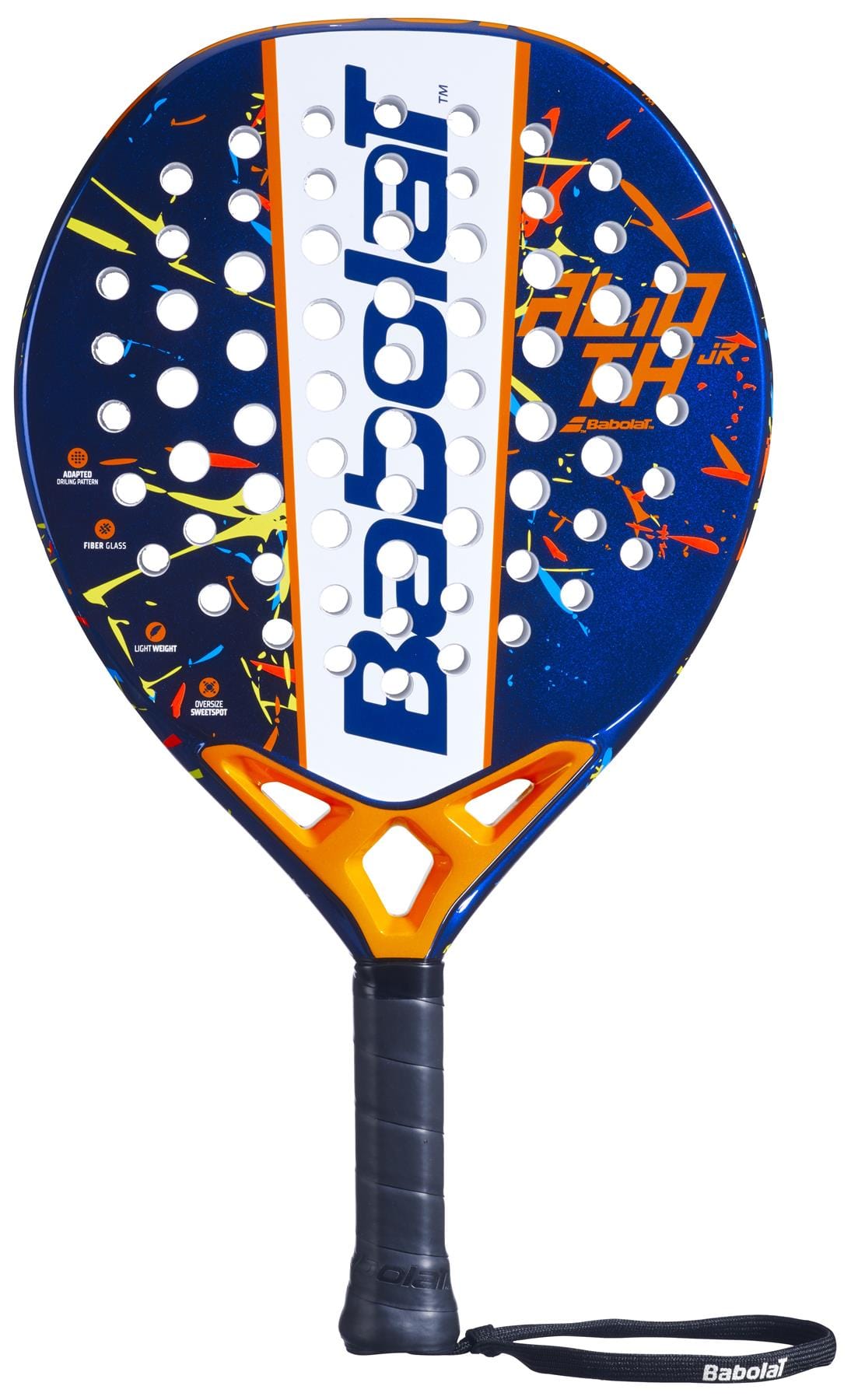 The Babolat Alioth Junior Padel Racket features a blue design with orange, yellow, and white accents, circular holes, a black grip, and a wrist strap—ideal for young players seeking a quality junior padel racket.