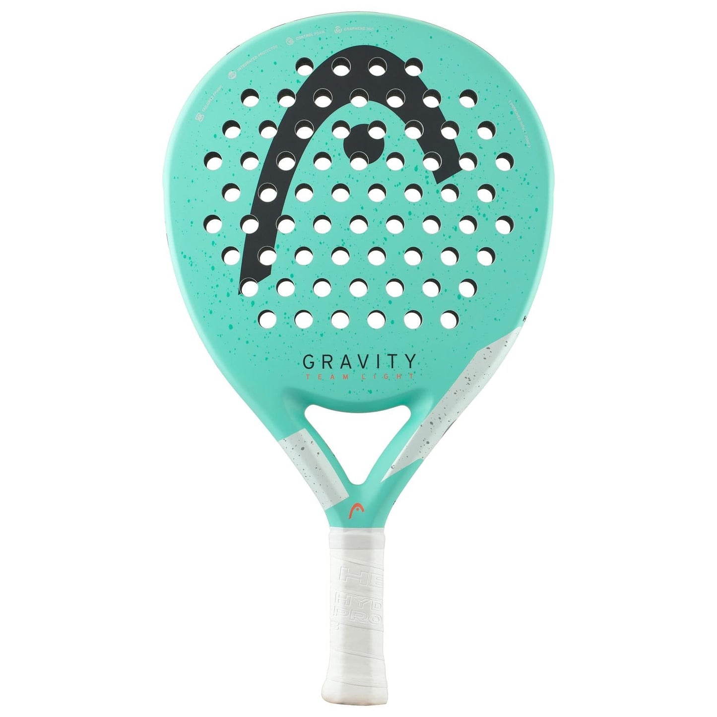 The HEAD Gravity Team Light 2024 Padel Racket features a turquoise design with black and white details, "GRAVITY" on the front, a white grip, and round holes. One of HEAD’s lightest rackets, it's ideal for intermediate padel players.