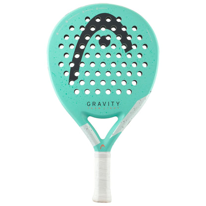 The HEAD Gravity Team Light 2024 Padel Racket features a turquoise design with black and white details, "GRAVITY" on the front, a white grip, and round holes. One of HEAD’s lightest rackets, it's ideal for intermediate padel players.
