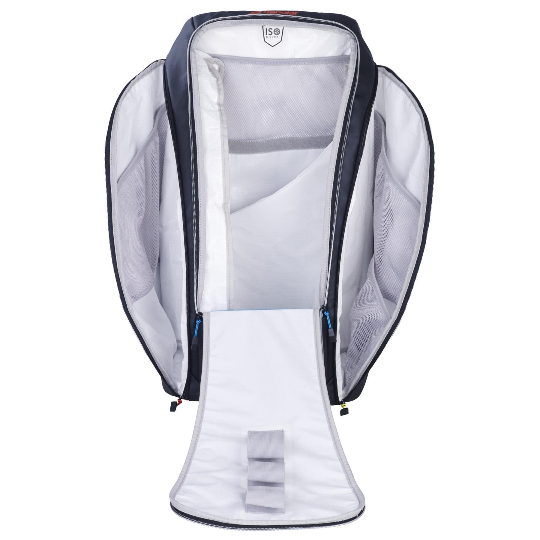 The Babolat RH Perf Padel Backpack in black showcases a durable waterproof exterior and opens to reveal an organized interior featuring multiple compartments, mesh pockets, and a main storage area. This design by Babolat ensures optimal storage and protection for your essentials.