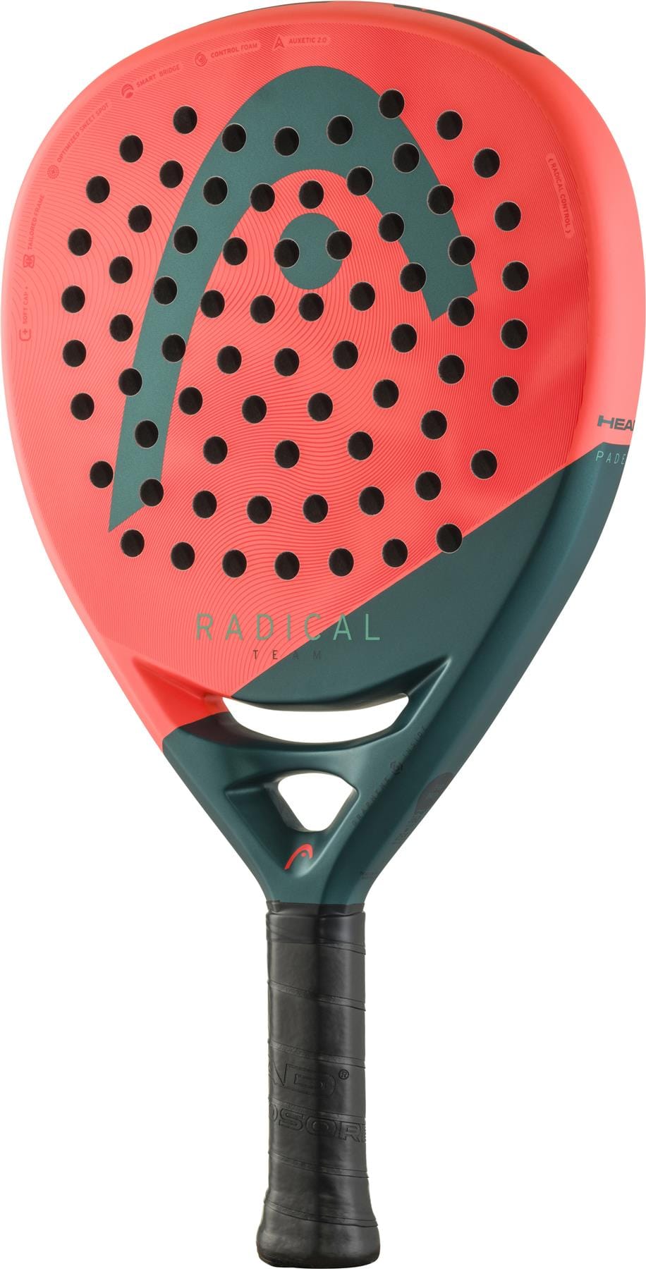 The HEAD Radical Team 2026 Padel Racket features a red and dark green perforated design with the Head logo, “Radical” on the face, and a black grip handle—perfect for intermediate to advanced players.