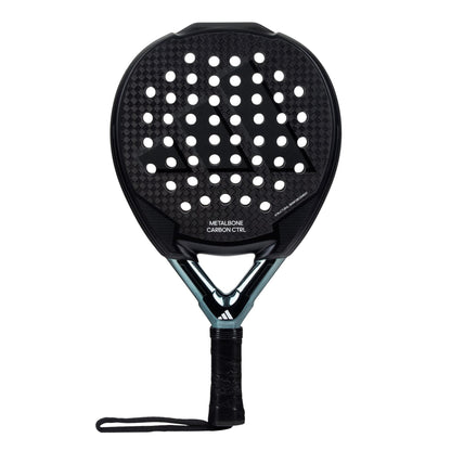 The ADIDAS Metalbone Carbon CTRL 3.3 Padel Racket in black by adidas boasts a teardrop shape with a 6K Carbon pattern, white circular holes, and a black handle with a wrist strap—ideal for players seeking precision and strength on the court.