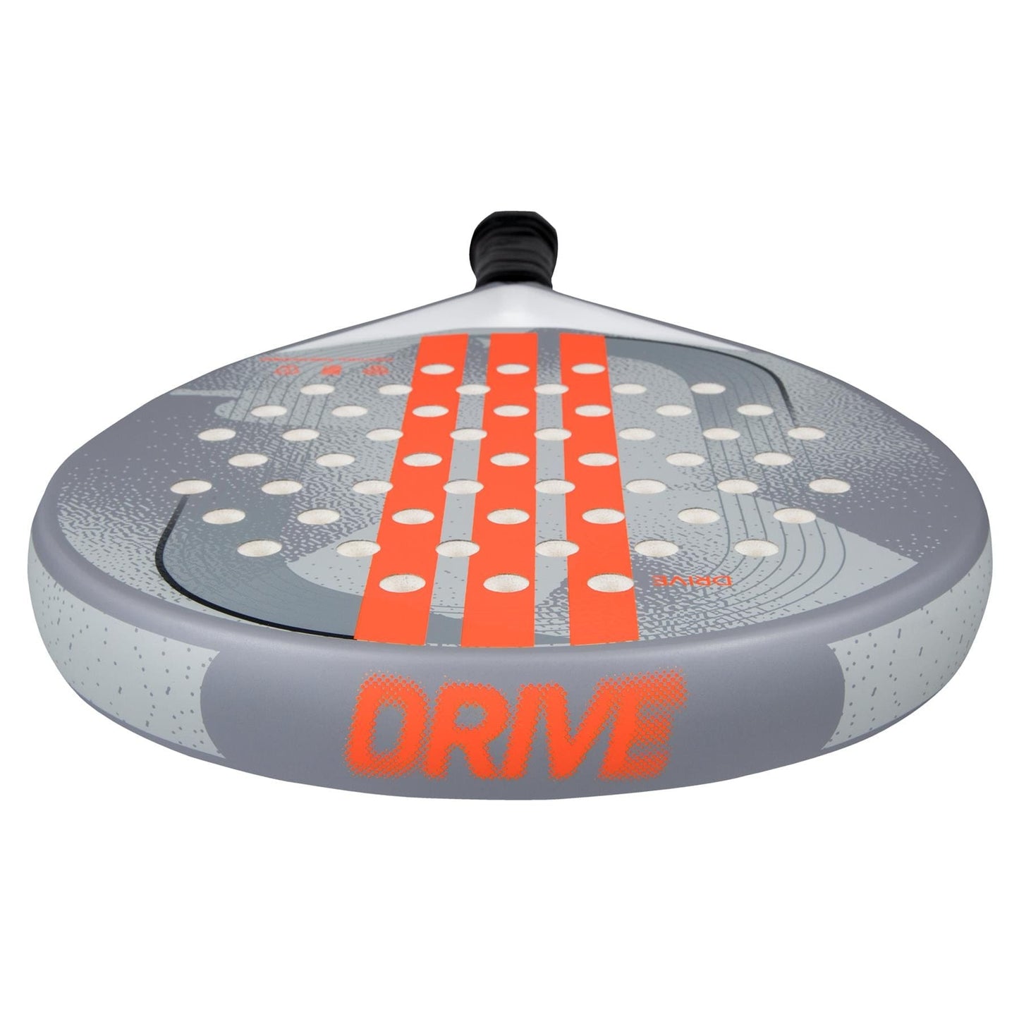 A close-up of the adidas Drive Grey 3.4 Padel Racket shows orange stripes, circular holes, and "DRIVE" in bold orange on the edge—ideal for beginner padel players.
