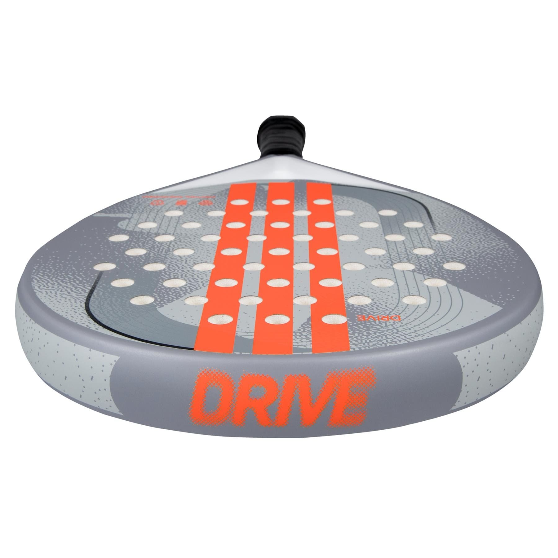 A close-up of the adidas Drive Grey 3.4 Padel Racket shows orange stripes, circular holes, and "DRIVE" in bold orange on the edge—ideal for beginner padel players.