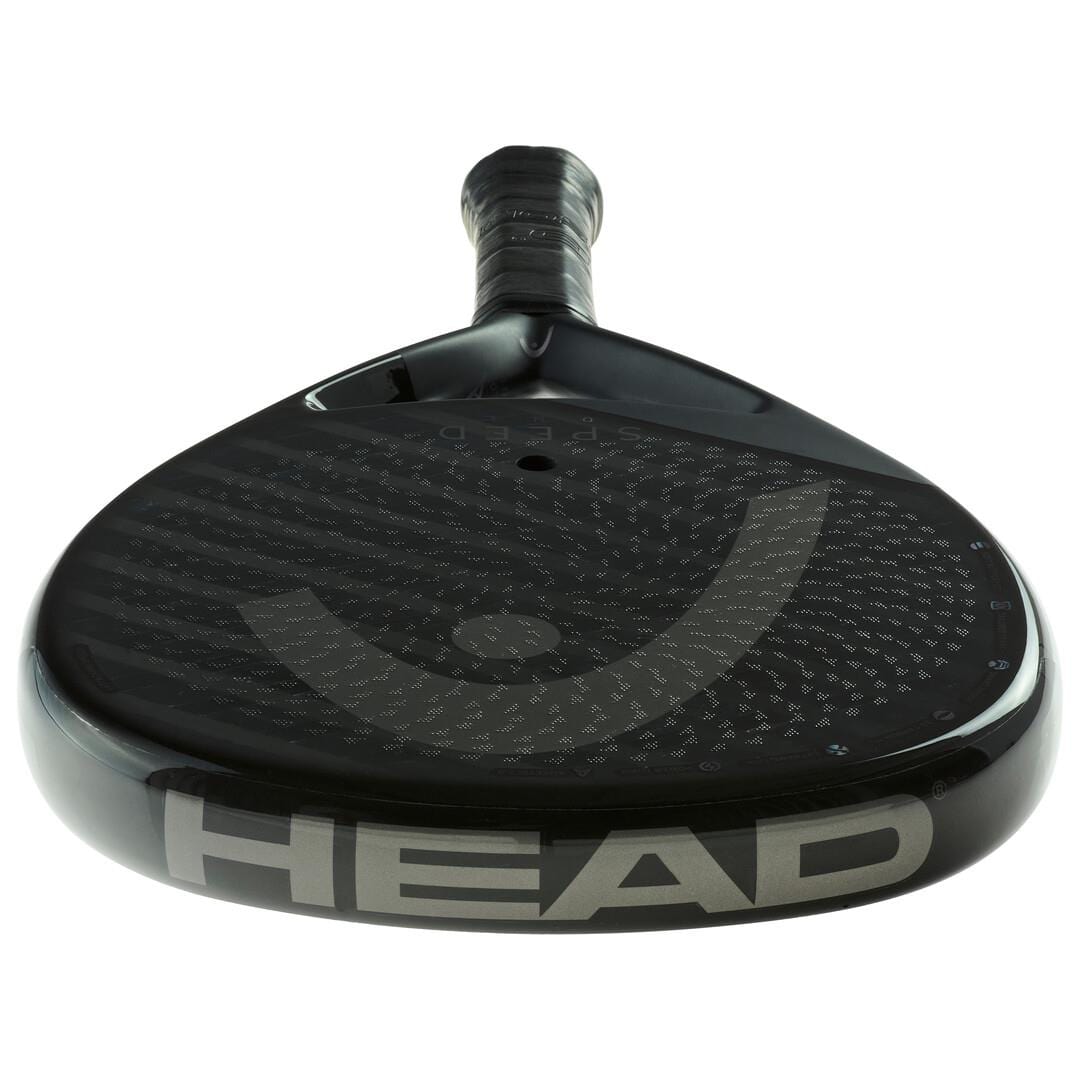 Close-up of the HEAD Speed One 2025 Padel Racket in black, with a textured surface, bold silver "HEAD" branding, and a circular logo—designed for players who want power and control.