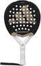 The adidas Metalbone Carbon CTRL 3.4 padel racket features a black and gold design with a white handle, black wrist strap, and circular hole pattern. Ideal for advanced players, its model name appears on the front.