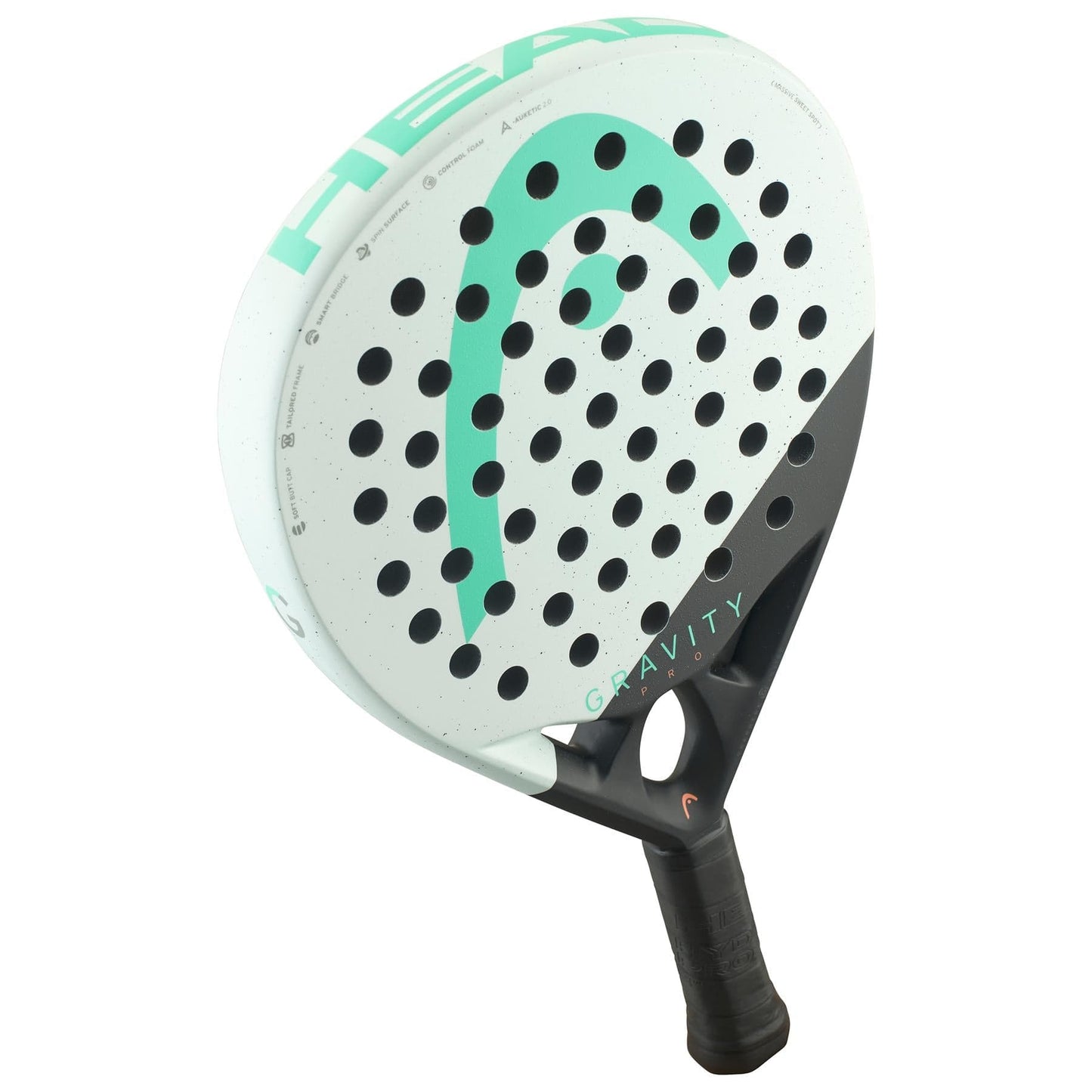 The HEAD Gravity Pro 2024 Padel Racket features a white and black design with a green logo, "GRAVITY" on the face, a perforated aerodynamic structure, and Auxetic 2.0 technology for superior feel.