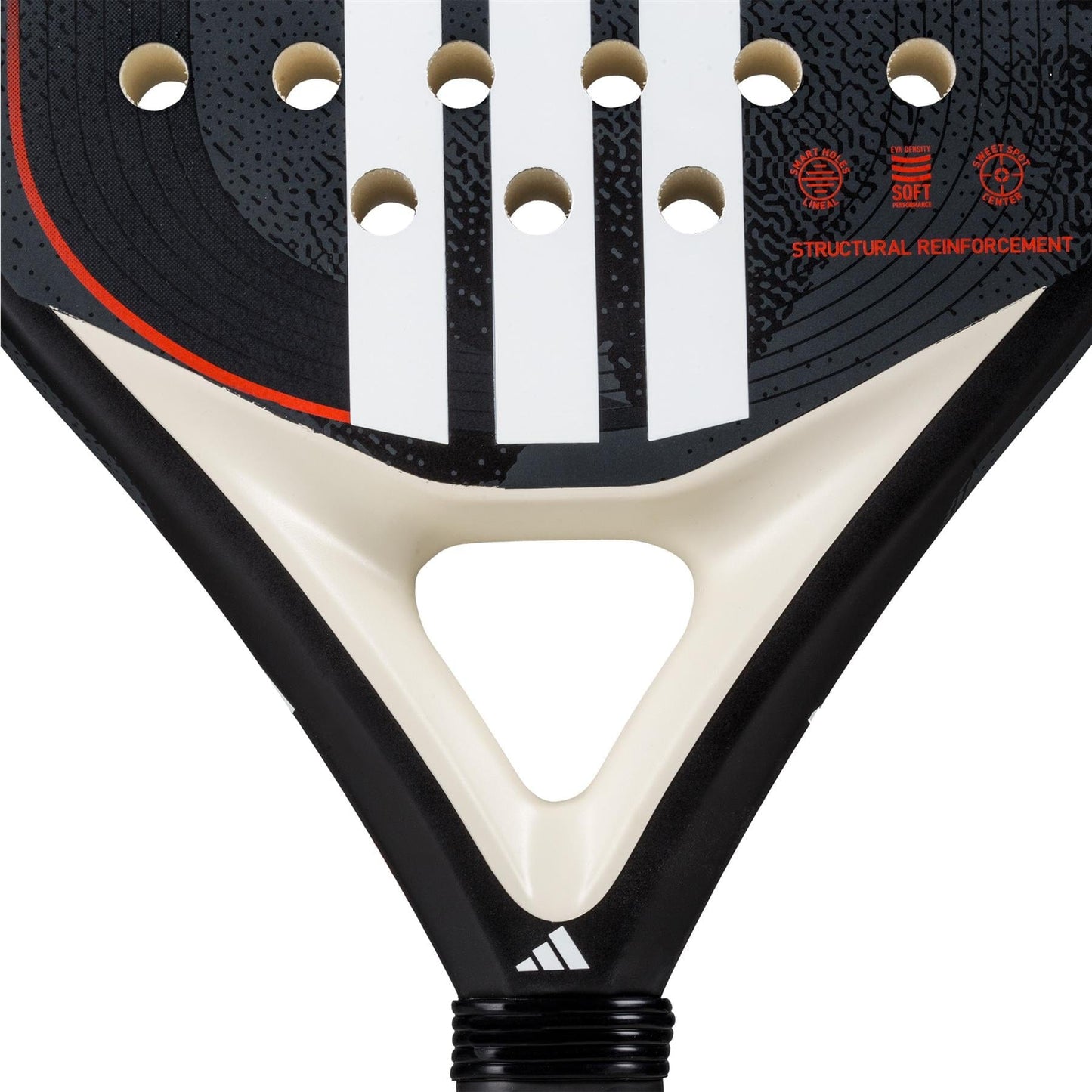 Close-up of the adidas Drive Black 3.4 Padel Racket showing its fibreglass face, circular holes, three white stripes, structural reinforcement icons, and an adidas logo at the bottom.