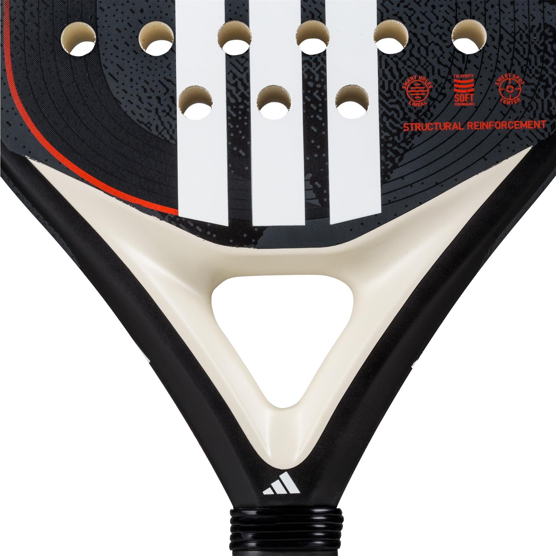Close-up of the adidas Drive Black 3.4 Padel Racket showing its fibreglass face, circular holes, three white stripes, structural reinforcement icons, and an adidas logo at the bottom.
