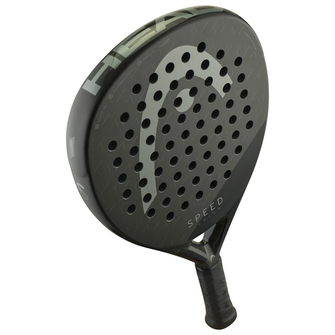 The HEAD Speed Junior 2025 Padel Racket by HEAD is black with a perforated face, "SPEED" near the handle, a large grey logo, textured grip, and Power Foam core—perfect for young players seeking enhanced performance.