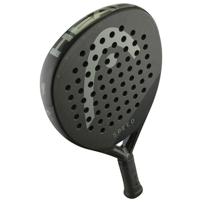The HEAD Speed Junior 2025 Padel Racket by HEAD is black with a perforated face, "SPEED" near the handle, a large grey logo, textured grip, and Power Foam core—perfect for young players seeking enhanced performance.