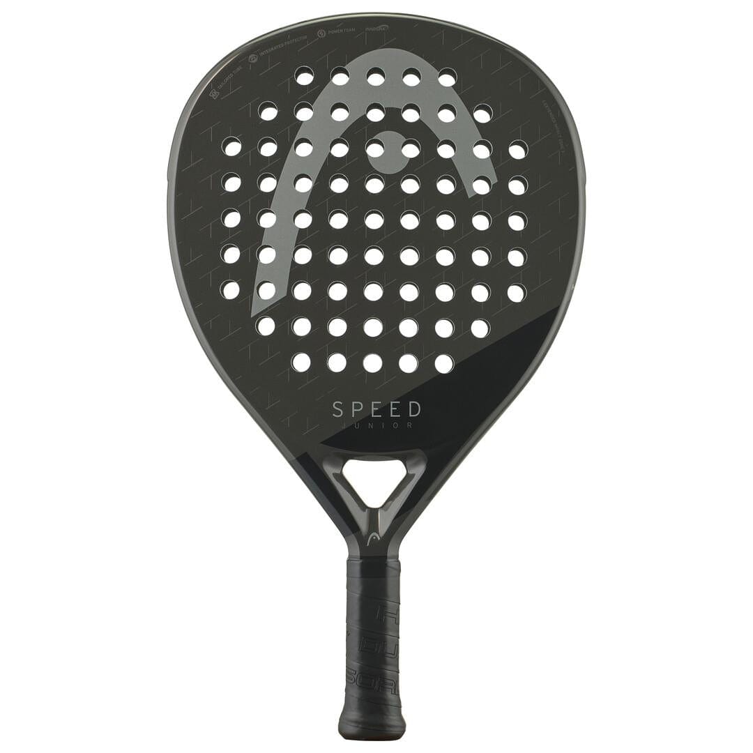 The HEAD Speed Junior 2025 Padel Racket is black with a large gray "HEAD" logo, multiple round holes, "SPEED" by the handle, Power Foam for comfort, a textured grip, and a teardrop-shaped head—specially designed for junior players.