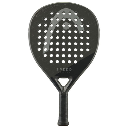 The HEAD Speed Junior 2025 Padel Racket is black with a large gray "HEAD" logo, multiple round holes, "SPEED" by the handle, Power Foam for comfort, a textured grip, and a teardrop-shaped head—specially designed for junior players.