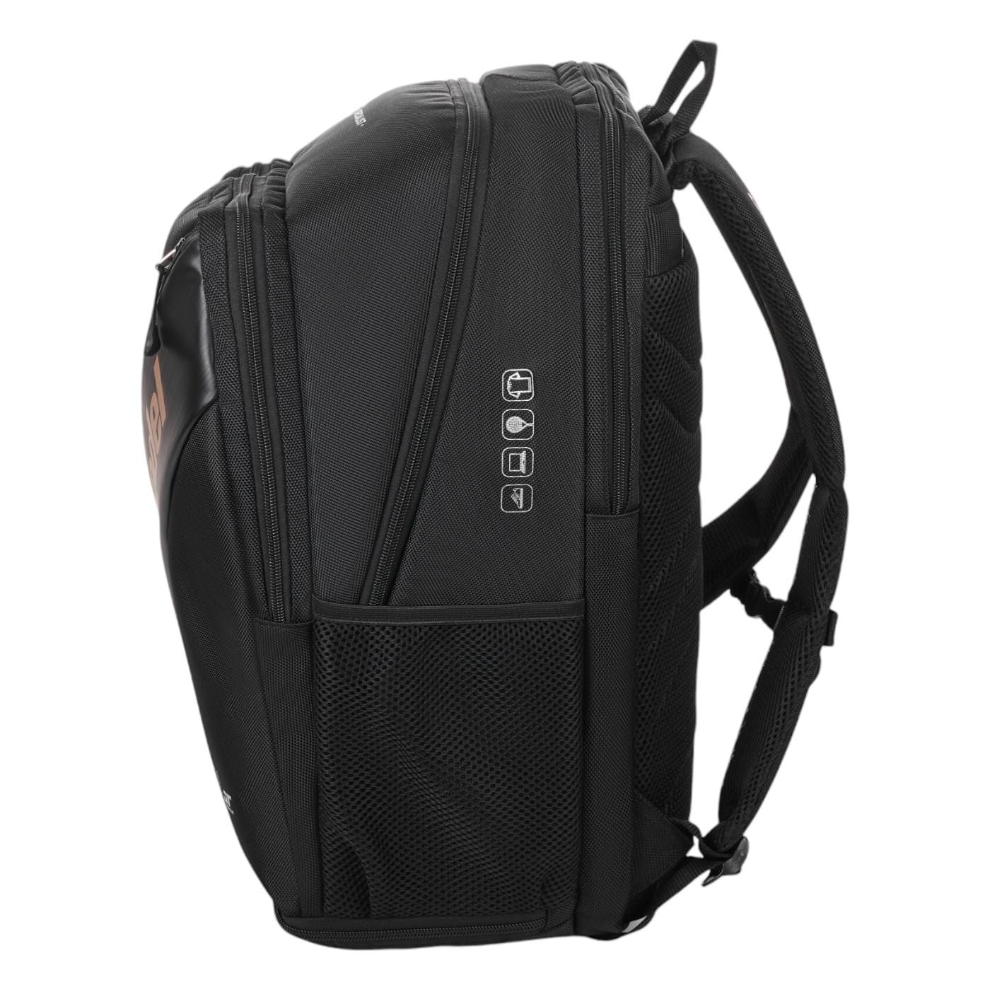 The Bullpadel Vertex 25 Padel Backpack in black features padded shoulder straps and multiple zippered compartments. Side mesh pockets with icon graphics are perfect for carrying your Vertex Padel Racket and other tennis equipment easily.