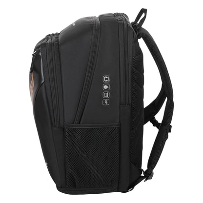 The Bullpadel Vertex 25 Padel Backpack in black features padded shoulder straps and multiple zippered compartments. Side mesh pockets with icon graphics are perfect for carrying your Vertex Padel Racket and other tennis equipment easily.