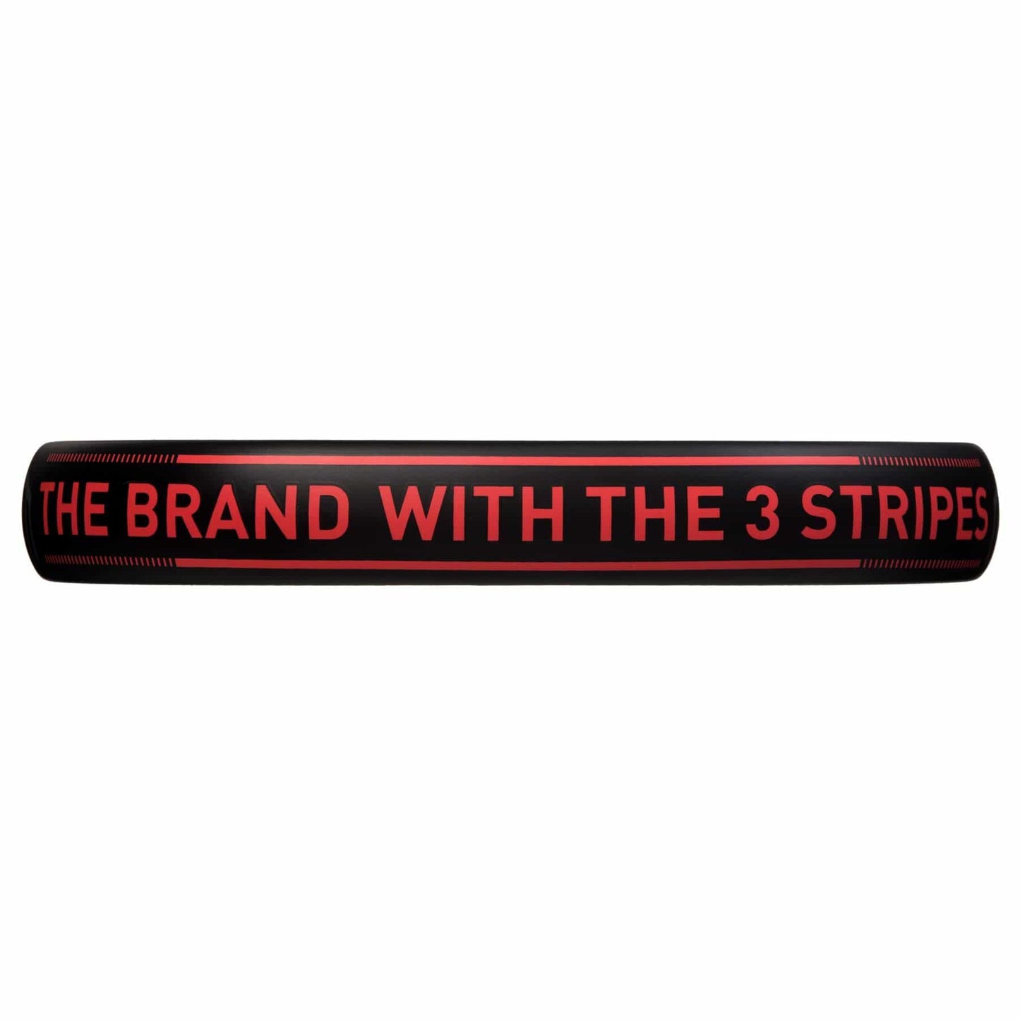 The adidas Match 3.3 Black / Red Padel Racket features a teardrop shape and displays bold red "THE BRAND WITH THE 3 STRIPES" text across its black center.