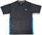 The Yonex YTM11 Mens Padel T-Shirt - Black features short sleeves, a geometric black and gray pattern, blue side panels, light gray trim, quick-dry Air-Release fabric, and a white Yonex logo on the left chest.
