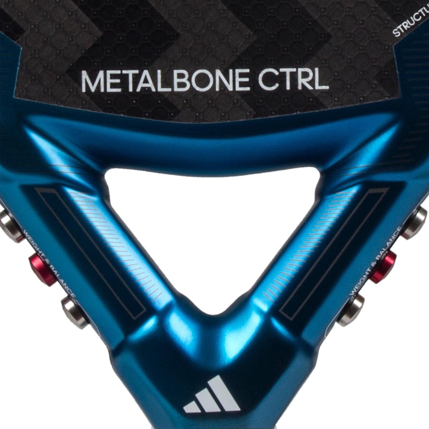 Close-up of the adidas Metalbone CTRL 3.3 Padel Racket for advanced players, featuring "METALBONE CTRL" on its black surface and the adidas logo near the handle.