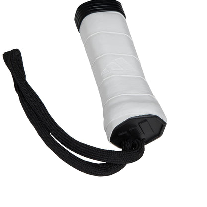 A close-up of the handle of the adidas Match Light 3.4 Padel Racket in white and black, featuring a black wrist strap.