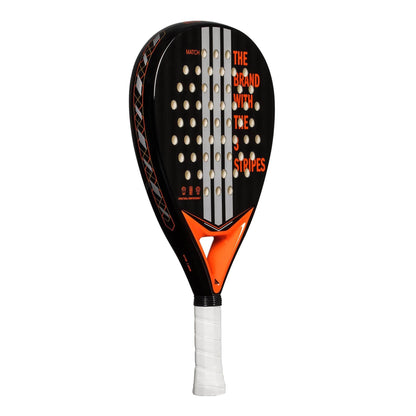 The adidas Match Black 3.4 Padel Racket in black and orange with a white handle and circular holes is ideal for beginners seeking a reliable padel racket. Features "THE BRAND WITH THE 3 STRIPES" text on the face.
