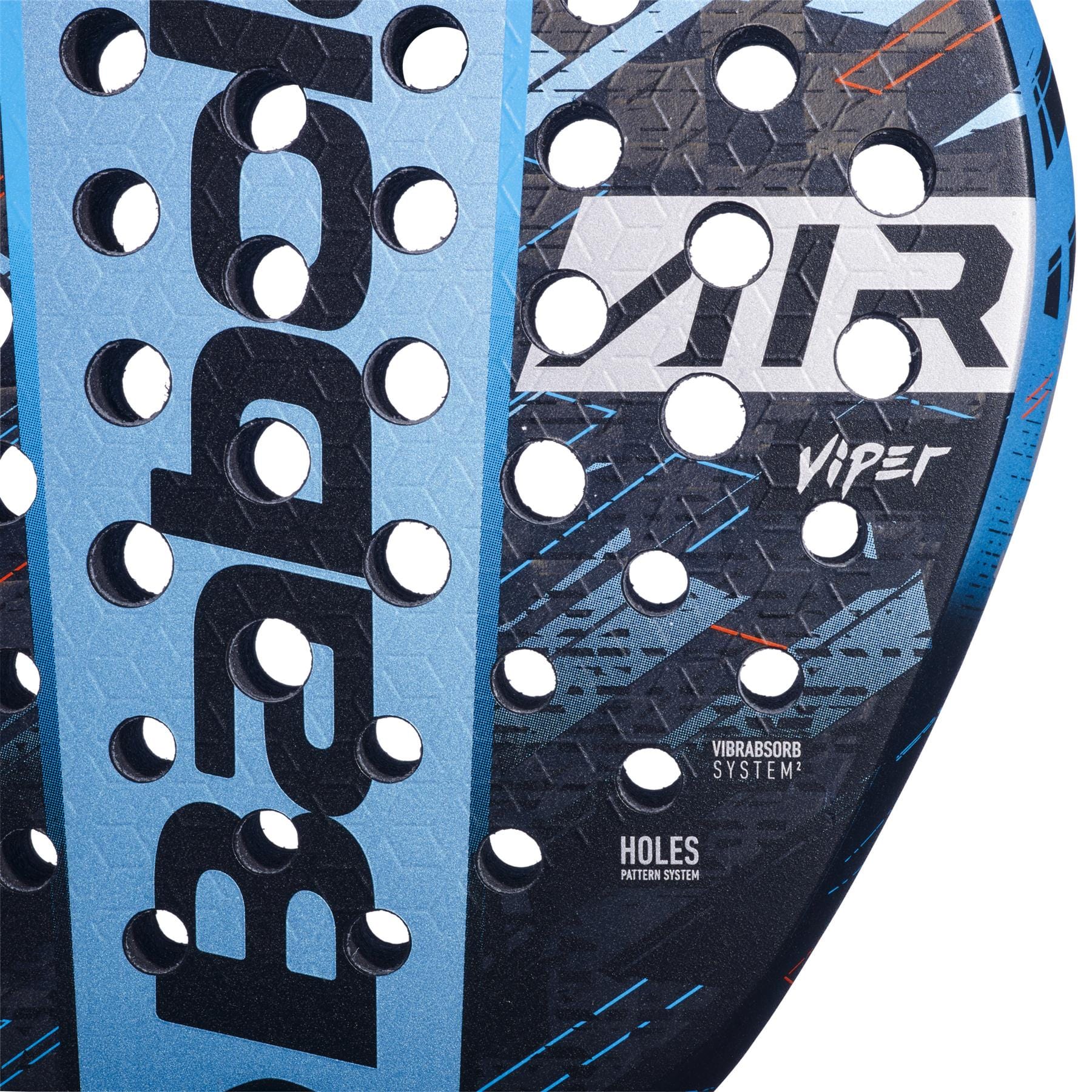 Close-up of the Babolat Air Viper padel racket by Babolat, showcasing its textured blue and black surface with circular holes, "VIPER," "VIBRASORB SYSTEM," "HOLES PATTERN SYSTEM," and part of the Babolat logo for explosive power.
