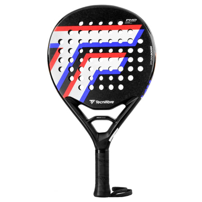 The Tecnifibre Wall Master 365 Padel Racket features a black round head, white, red, and blue geometric accents, multiple perforations, and a black grip with wrist strap—engineered by Tecnifibre for maximum precision on the court.