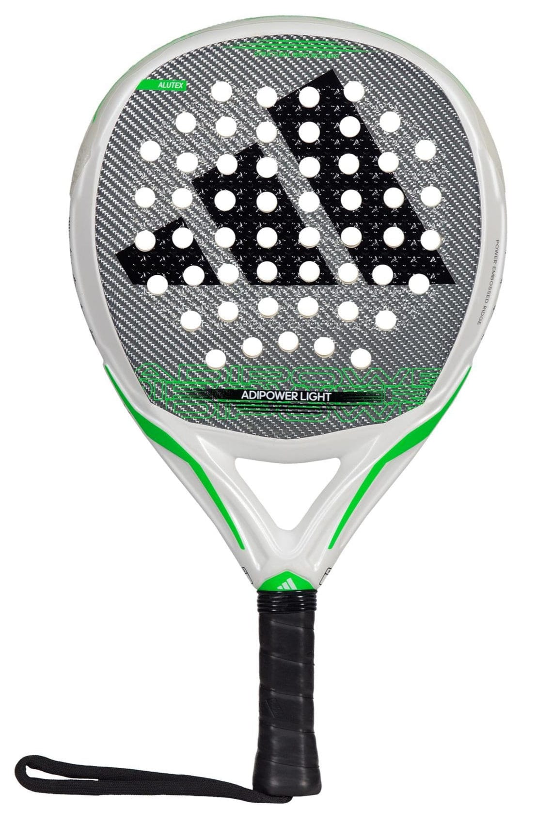 The adidas ADIDAS Adipower Light 3.3 Padel Racket has a black grip, white and green frame, grey face with bold black diagonal stripes and holes. Its lightweight design offers great control, and a wrist strap adds security.