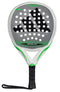The adidas ADIDAS Adipower Light 3.3 Padel Racket has a black grip, white and green frame, grey face with bold black diagonal stripes and holes. Its lightweight design offers great control, and a wrist strap adds security.