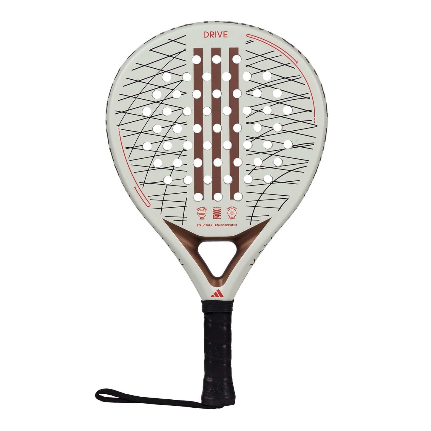 The adidas Drive 3.3 Vintage Padel Racket features a white and brown design with black crisscross lines, perforated center, black wrist-strap grip, and "DRIVE" at the top—ideal as a control racket for beginners.