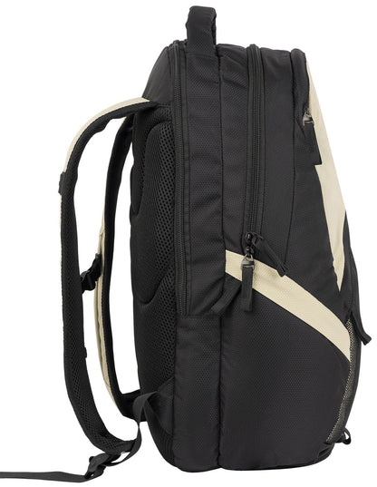 Side view of the NOX Street Series Padel Racket Bag - Black / Grey by NOX, featuring padded shoulder straps, multiple zippered compartments, ThermoTech fabric, and room for padel rackets.