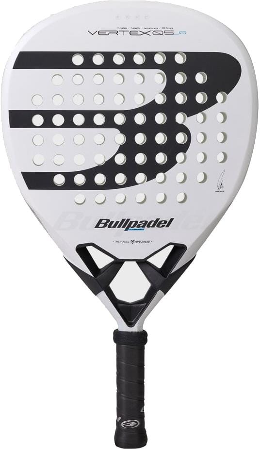 The Bullpadel Vertex Junior Boys 2026 Padel Racket features a white design with a black "B" logo, round perforations, and a black handle—ideal for advanced junior players seeking top performance on the court.