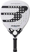 The Bullpadel Vertex Junior Boys 2026 Padel Racket features a white design with a black "B" logo, round perforations, and a black handle—ideal for advanced junior players seeking top performance on the court.