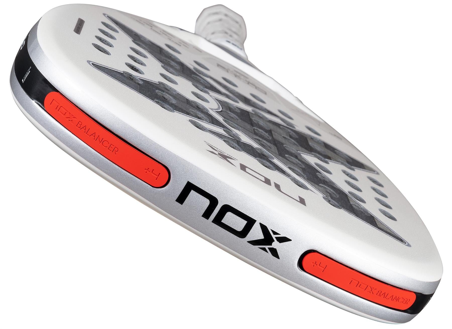 Close-up of the NOX AT10 Genius Attack 12K Alum Extrem By Agustín Tapia 2026 padel racket in white with black and orange details, featuring the NOX logo and innovative Balancer weight system for optimal power.