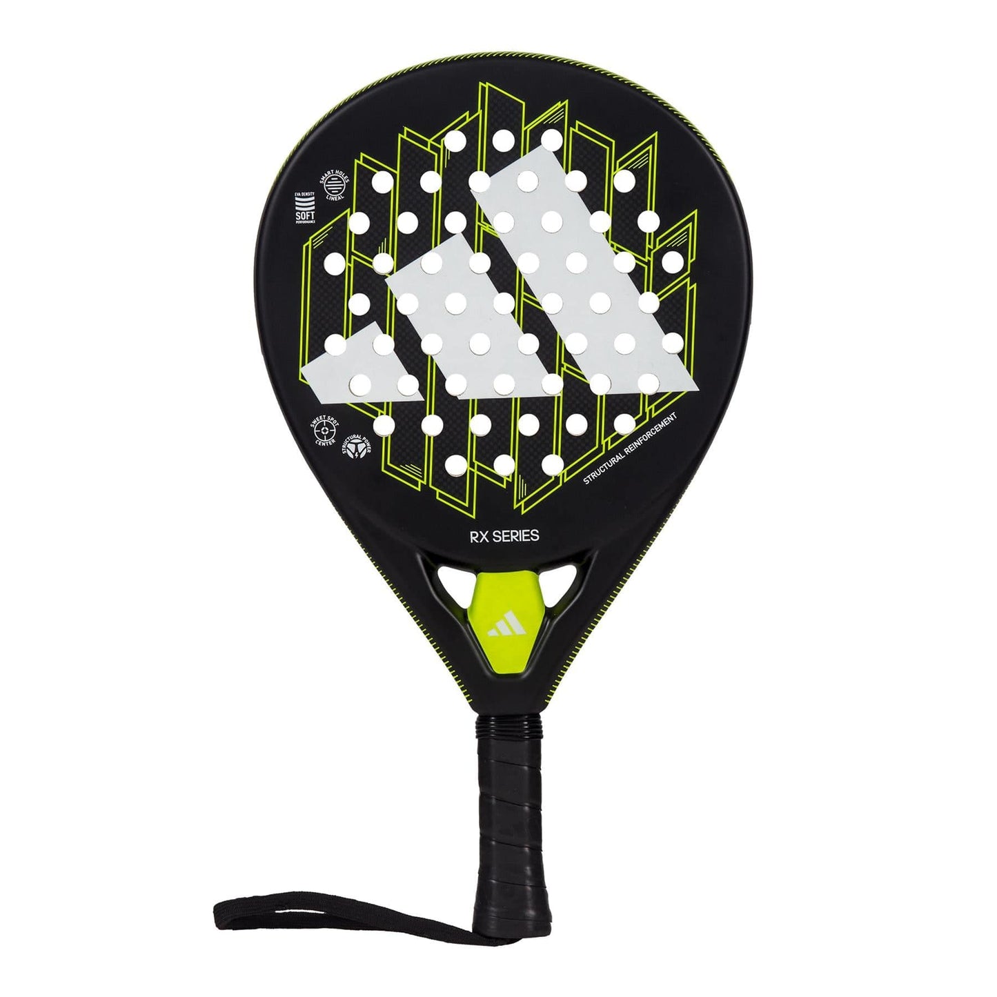 The adidas RX Series Lime Padel Racket is ideal for beginner to intermediate players, showcasing a black, yellow, and white geometric design with circular holes, a wrapped handle with wrist strap, and prominent adidas branding.