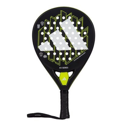 The adidas RX Series Lime Padel Racket is ideal for beginner to intermediate players, showcasing a black, yellow, and white geometric design with circular holes, a wrapped handle with wrist strap, and prominent adidas branding.