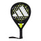 The adidas RX Series Lime Padel Racket is ideal for beginner to intermediate players, showcasing a black, yellow, and white geometric design with circular holes, a wrapped handle with wrist strap, and prominent adidas branding.