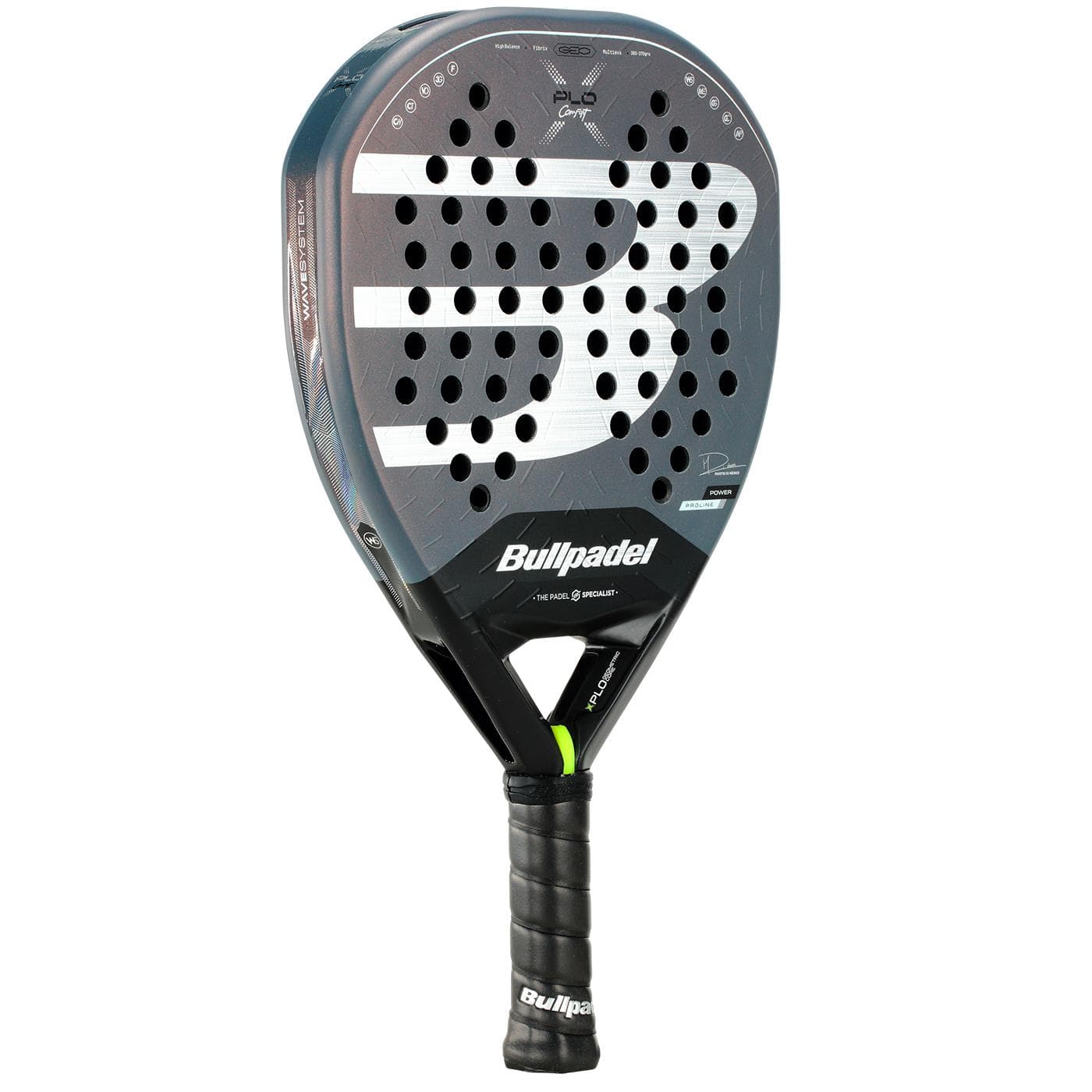The Bullpadel XPLO Comfort 2026 Padel Racket has a teardrop shape, black and grey design with a bold white "B" logo, multiple round holes, and a black grip—crafted by Bullpadel for outstanding comfort and explosive court power.