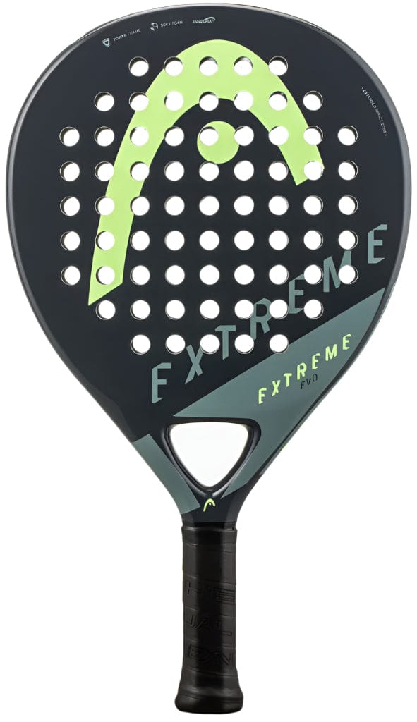 The HEAD Evo Extreme 2023 Padel Racket by HEAD features a black and green design, perforated face, "EXTREME" label, Innegra technology, and a textured grip handle for improved play.