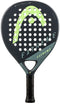 The HEAD Evo Extreme 2023 Padel Racket by HEAD features a black and green design, perforated face, "EXTREME" label, Innegra technology, and a textured grip handle for improved play.