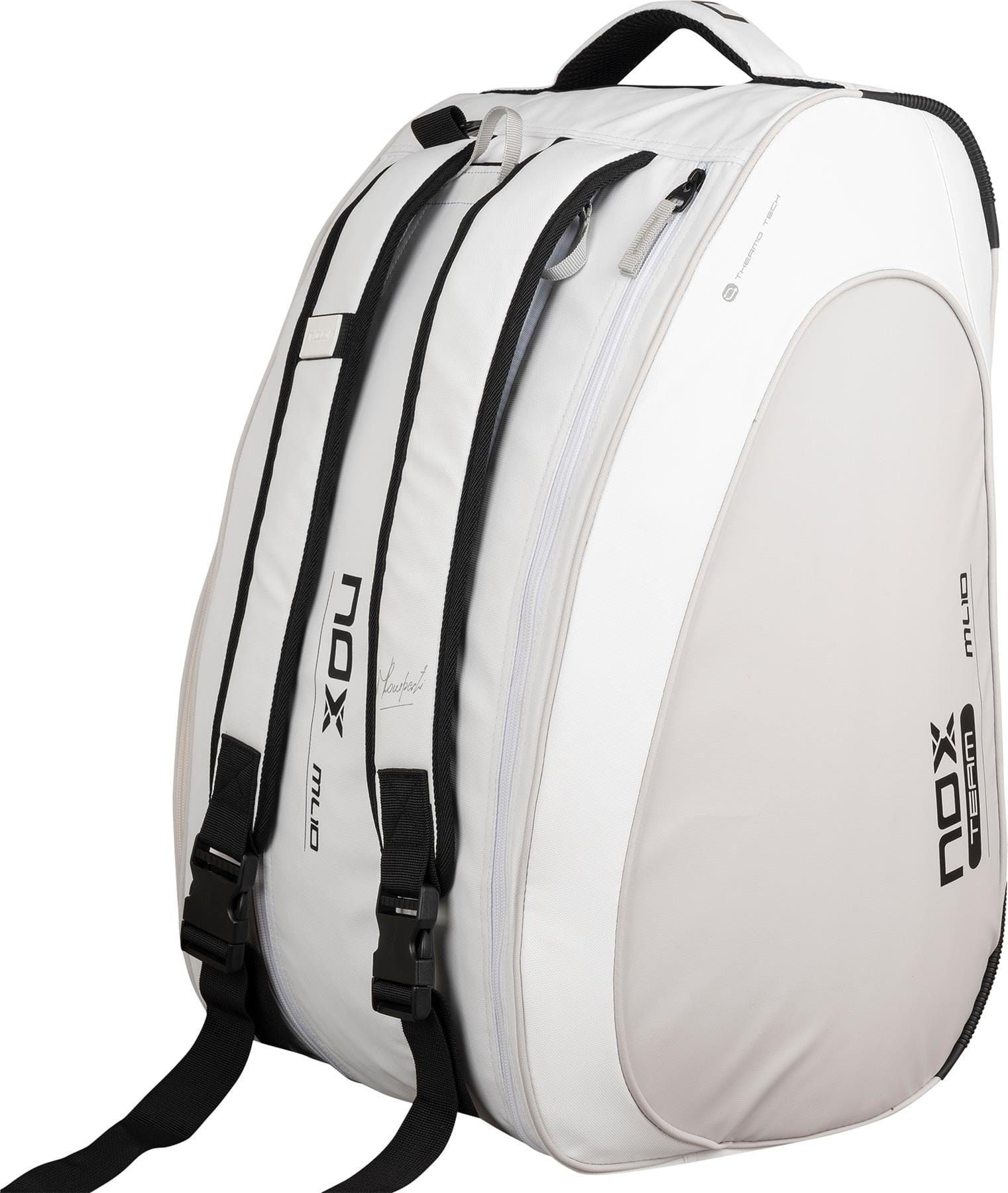 The NOX ML10 Team Padel Racket Bag in White/Grey by NOX features black straps and zippers, the NOX logo and branding on the front and side, plus multiple compartments to store all your padel gear.