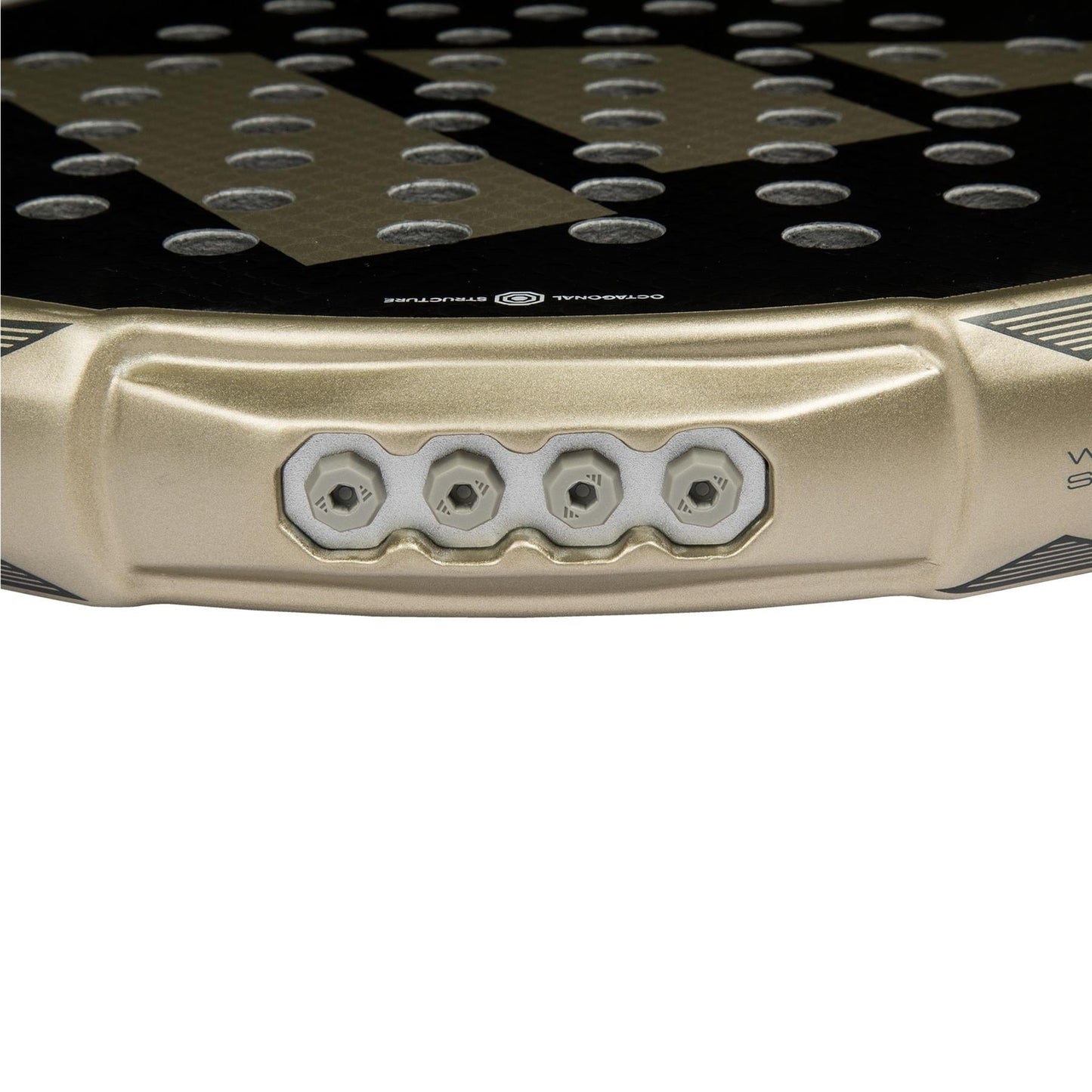 Close-up of the edge of the adidas Metalbone CTRL 3.4 Padel Racket, highlighting four hexagonal screw holes from its Weight and Balance System and a section of the perforated racket face.