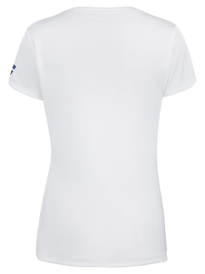 The back view of a simple white Babolat Play Women's Padel Cap Sleeve Top against a white background. A discreet logo on the sleeve enhances the elegance of this Fiber Dry-crafted top.
