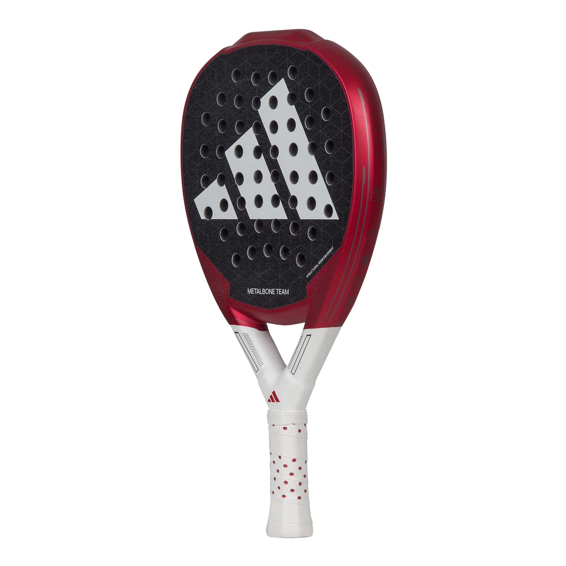 The adidas Metalbone Team 3.3 Padel Racket features a red, black, and white design with the adidas logo, unique perforations, Spin Blade Grit technology, and a white handle with red dots for enhanced grip and style.