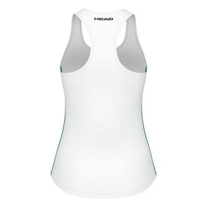 The image showcases the HEAD Spirit Women's Padel Tank Top in white, featuring a racerback design and green detailing along the sides. As part of the HEAD Sportswear MXM collection, its Moisture Transfer Microfibre ensures comfort. The "HEAD" brand name is prominently printed at the top neckline.